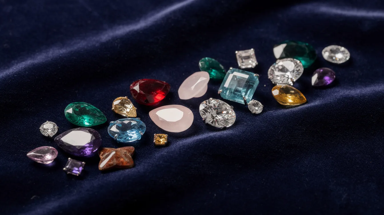A vibrant collection of various colourful gemstones, including the red ruby, blue sapphire, and green emerald, is elegantly arranged on a luxurious velvet surface. This display showcases the beauty of traditional birthstones and precious gems, making it a perfect gift for loved ones.