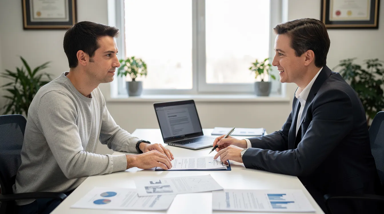 ebd00fe0 25bc 4337 8527 1980e2015d72 A small business owner is seated across from a bank officer at a desk, discussing financial assistance options, including mudra loans, with papers and a laptop in front of them. The conversation likely revolves around the owner’s satisfactory credit track record and plans for expanding their micro enterprise.