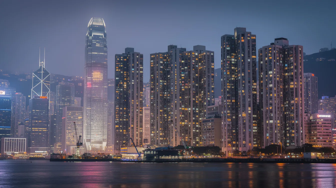 The image depicts the stunning Hong Kong city skyline at dusk, with numerous illuminated residential buildings creating a vibrant atmosphere against the twilight sky. The scene captures the essence of urban life, showcasing the financial hub's architectural beauty and the lively spirit of the city.