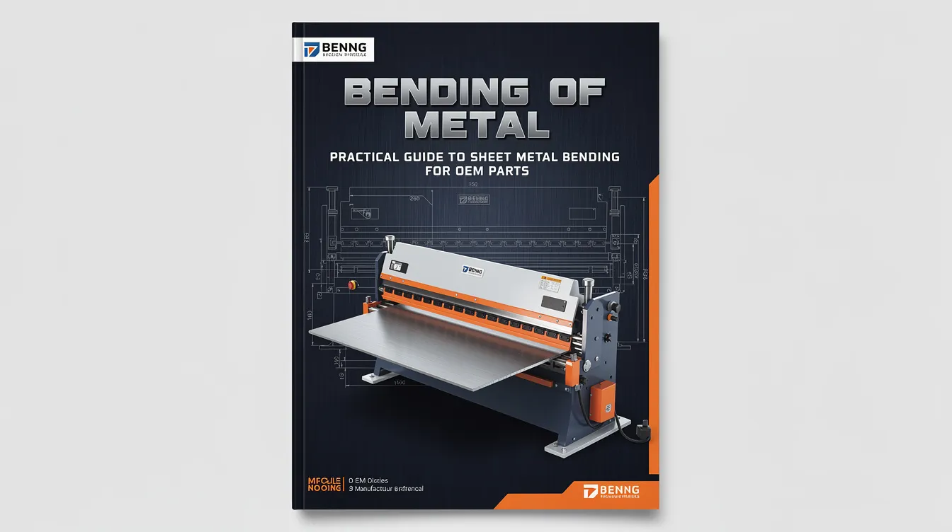 The image depicts a detailed guide on sheet metal bending, showcasing various bending methods such as air bending and rotary bending, along with tools like a press brake. It emphasizes important concepts such as bend radius, material thickness, and the bending process necessary for creating OEM parts with precise angles and tight tolerances.