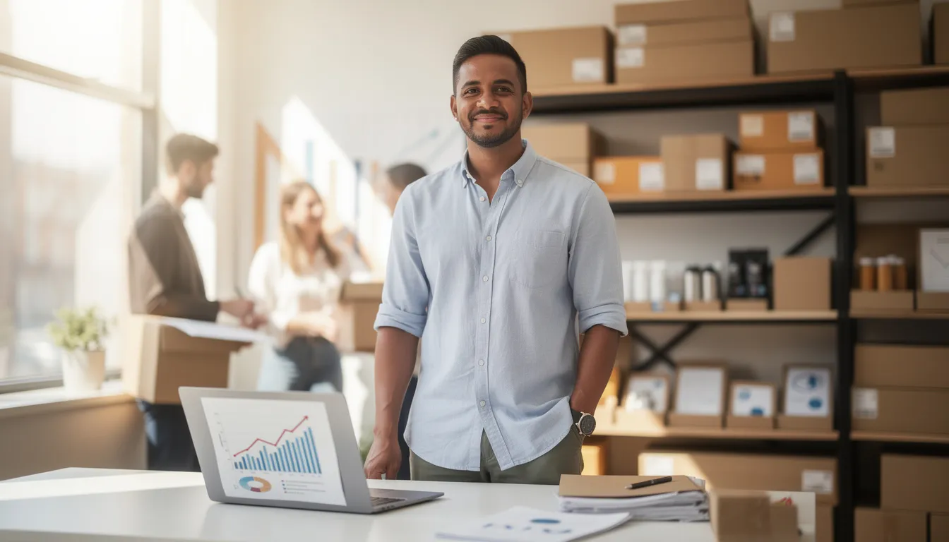 The image depicts a confident eCommerce business owner standing proudly, embodying success after securing funding to enhance their business growth. This professional, likely an online seller, showcases the positive impact of reliable funding solutions like revenue-based financing, which allows for quick access to capital without hidden fees, ensuring a bright future for their eCommerce venture.