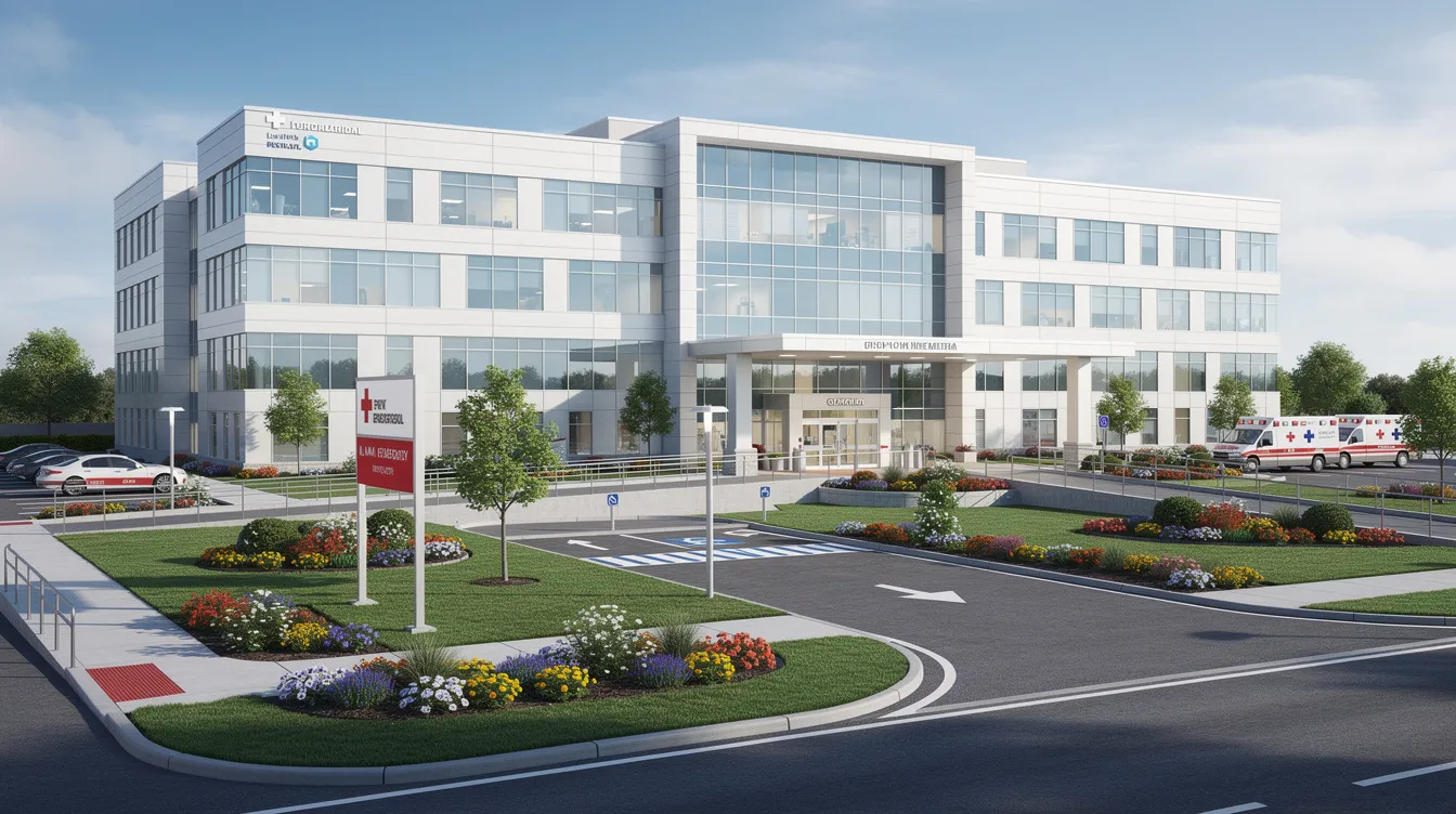 The image depicts a modern hospital building with a sleek glass facade and a beautifully landscaped entrance, showcasing a contemporary healthcare facility designed to meet the needs of the community. This proposed hospital project reflects the latest trends in healthcare infrastructure, emphasizing both aesthetic appeal and operational efficiency.