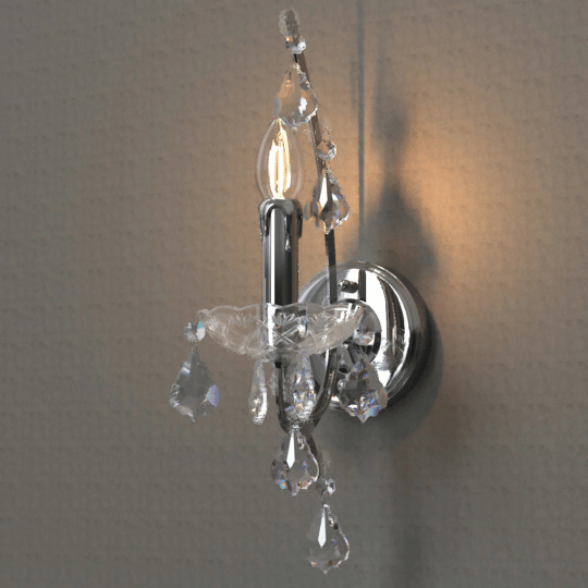 Elegant wall sconce with a chrome base and a candle-style light bulb, adorned with hanging crystal droplets and a decorative glass bobeche, creating a classic chandelier-inspired design.