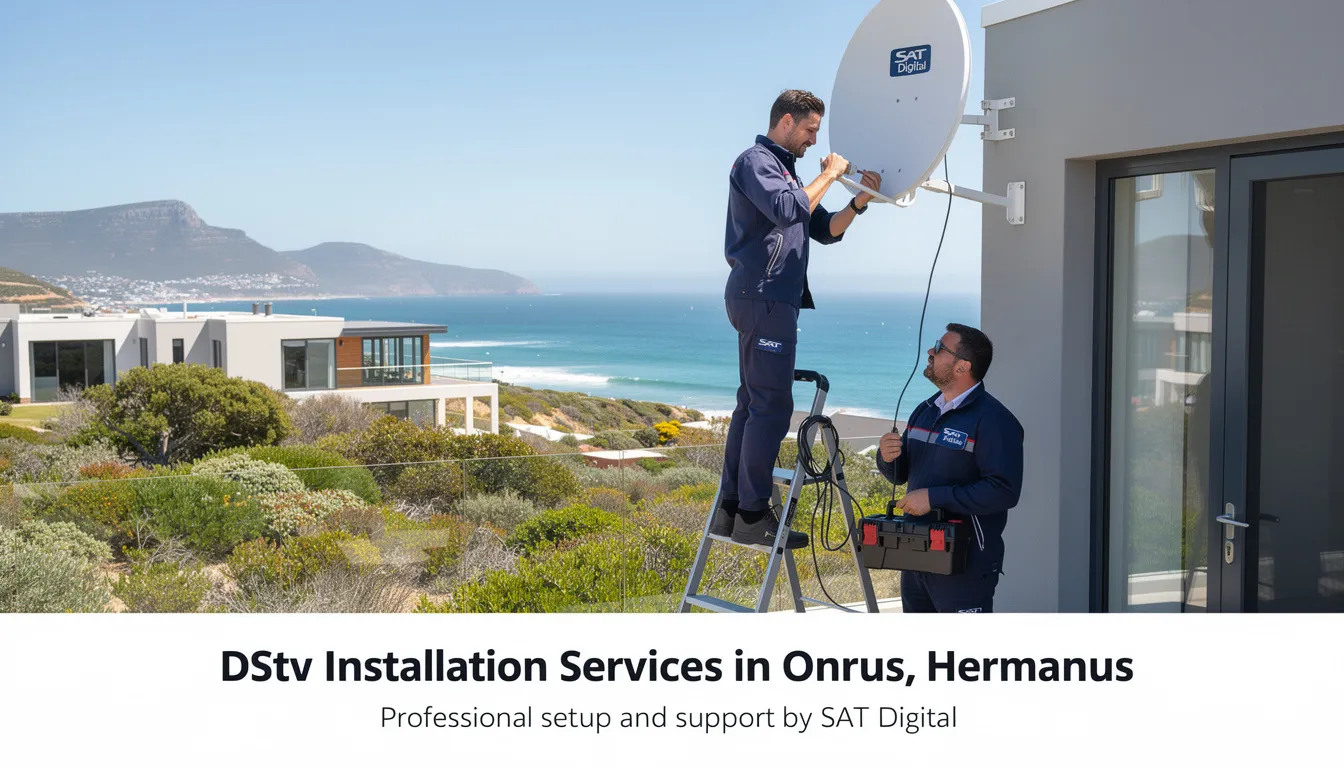 The image shows a professional DSTV installation team from SAT Digital working on a satellite dish in Onrus, Hermanus. They are accredited installers providing expert installation services to ensure high-quality workmanship and optimal signal reception for customers.