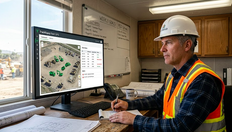 Construction fleet manager reviewing GPS tracking dashboard showing equipment utilization and maintenance data