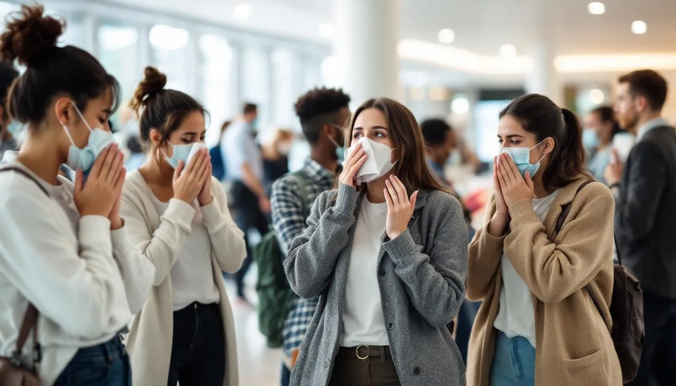 The image depicts a group of people practicing proper respiratory etiquette by covering their coughs and maintaining a safe distance from one another, emphasizing the importance of infection prevention to reduce the risk of respiratory infections and disease transmission through respiratory droplets. Some individuals are wearing surgical masks, highlighting the use of personal protective equipment in daily life.