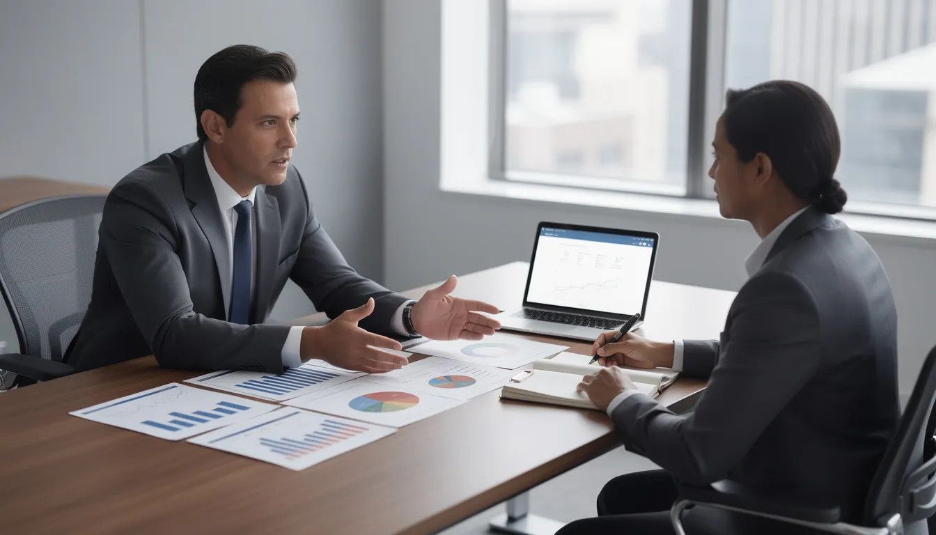 A professional advisor is seated at a desk with a client, discussing various financial documents related to tax planning and strategies. The spread of papers includes tax returns and deductions, highlighting the importance of proactive financial planning and the advisor's role in helping clients manage their tax liabilities effectively.