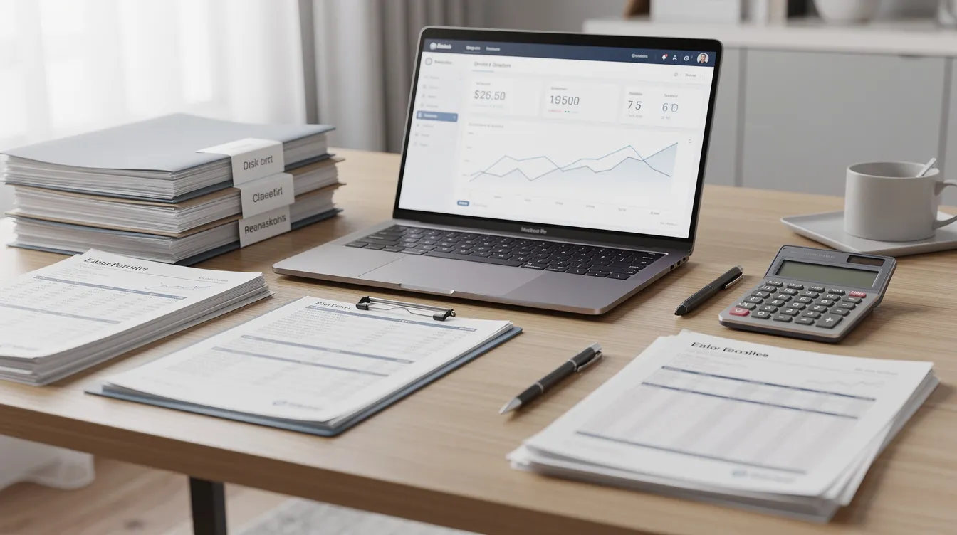 The image features an organized desk with neatly arranged financial paperwork and a laptop, symbolizing the meticulous nature of the selling process for small business owners. This setup reflects the importance of maintaining accurate financial records and business valuation for attracting potential buyers during a successful transaction.