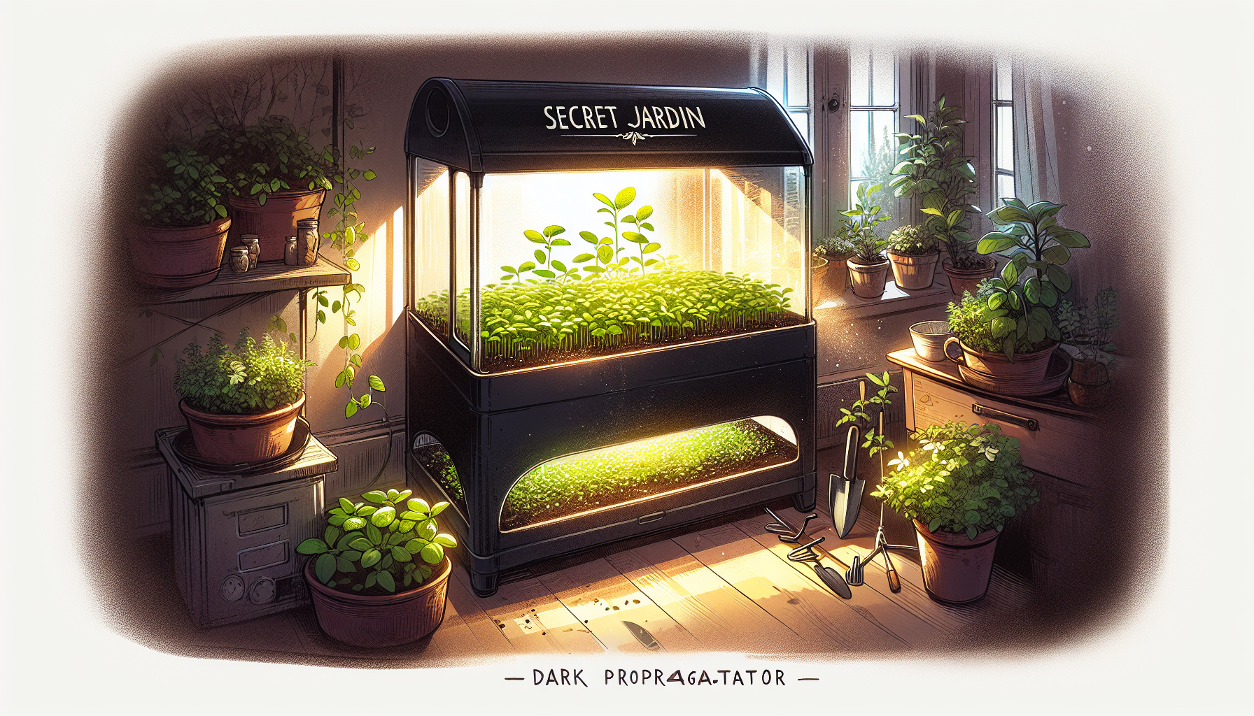 Ein Secret Jardin Dark Propagator mit jungen Pflanzen, die in einem Anbauzelt wachsen.