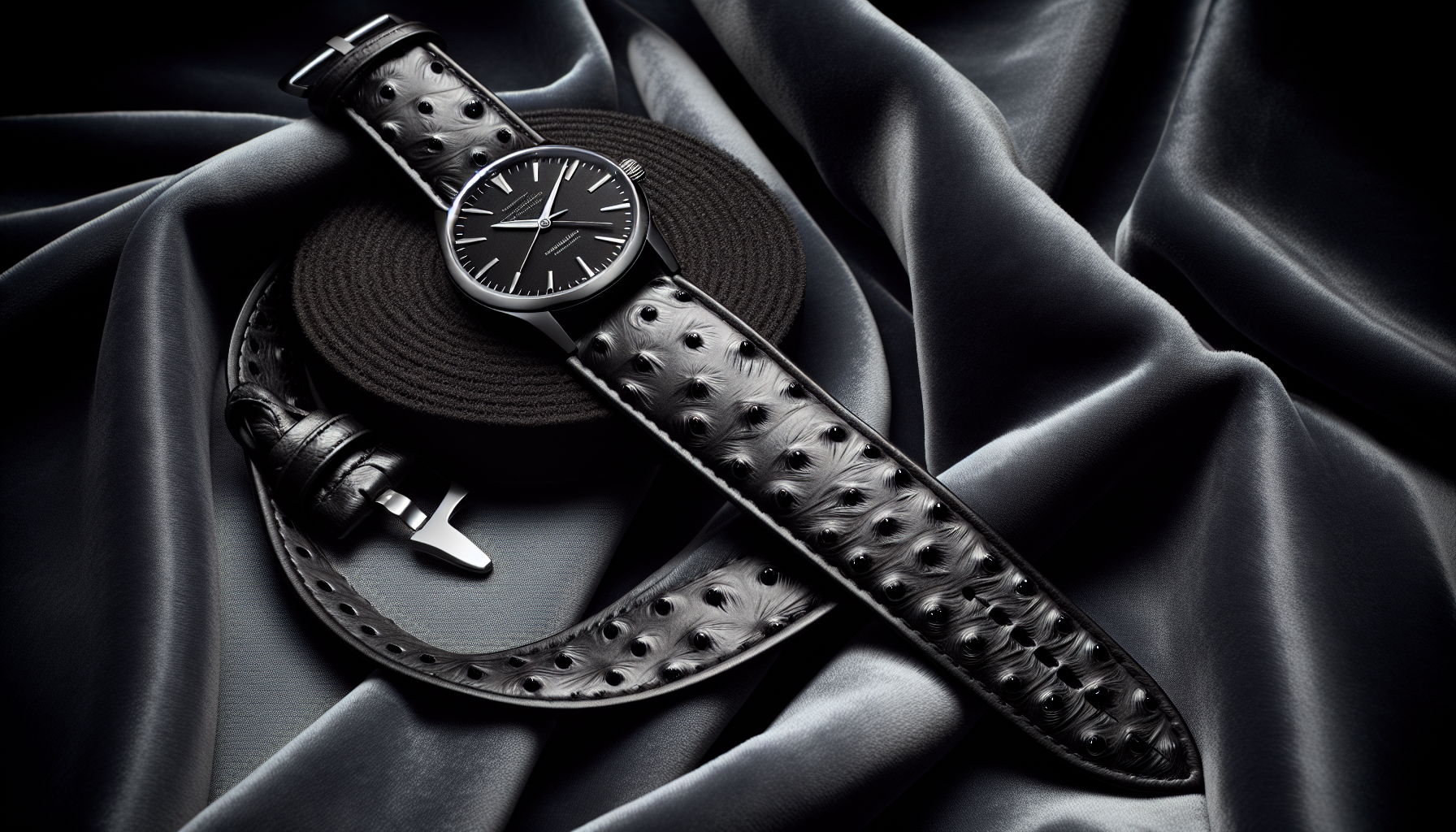 Ostrich leather watch strap in elegant black color