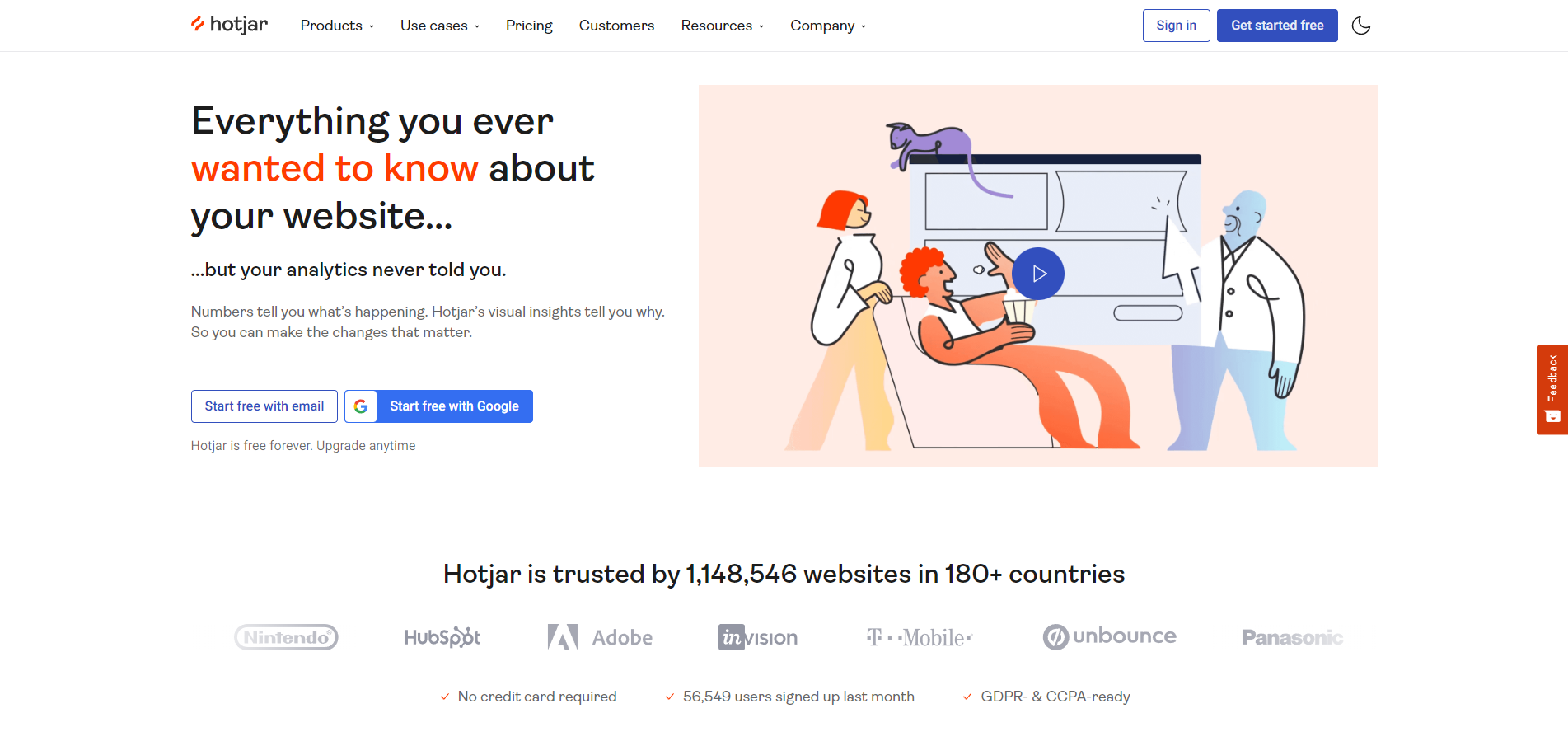 Homepage of hotjar.com showing the content above-the-fold.