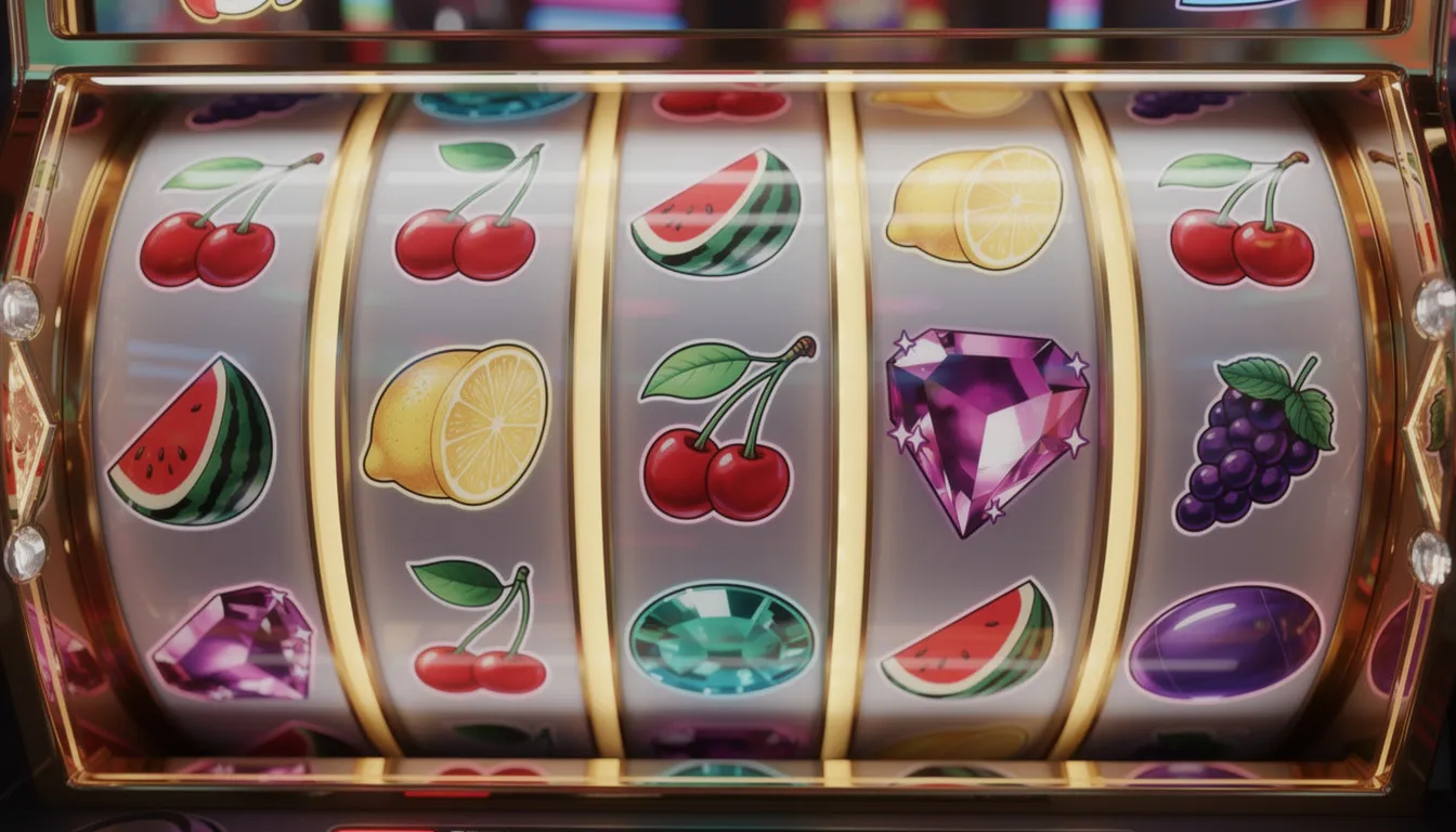 Vibrant spinning reel display featuring fruit and gem symbols.