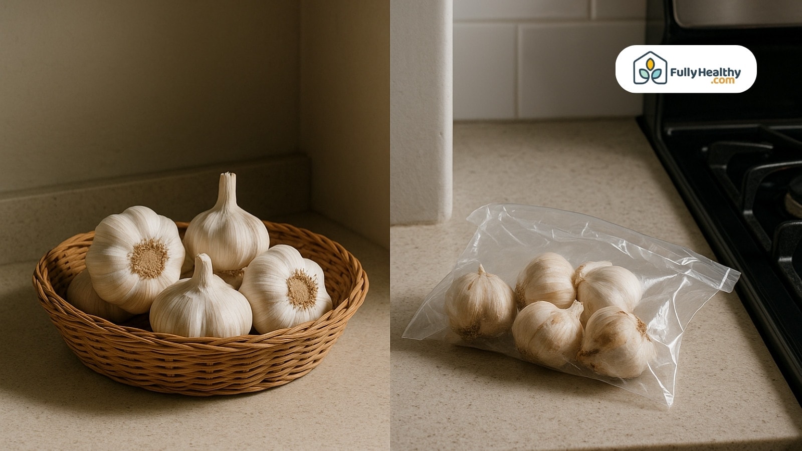 Garlic bulbs stored in basket and plastic bag on kitchen counter
