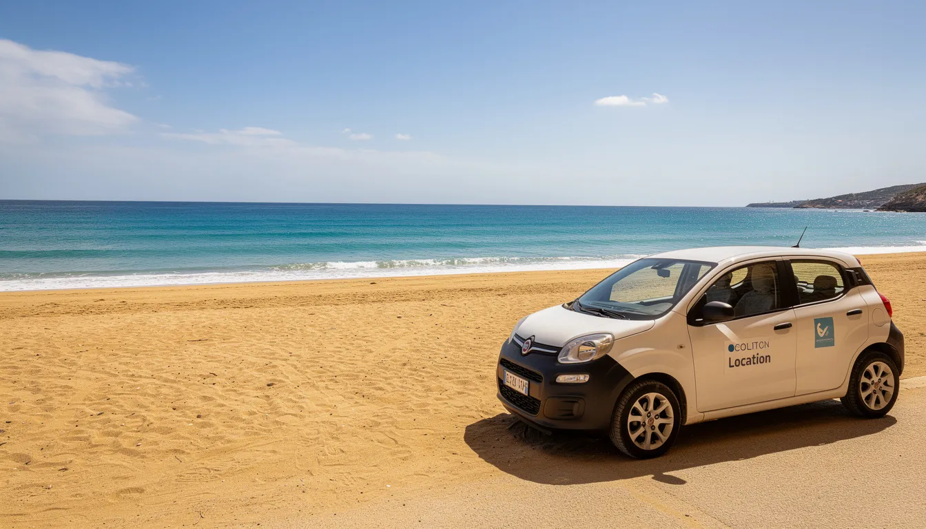 Une petite voiture de location est garée près d'une plage de sable doré, avec une mer turquoise scintillante en arrière-plan, évoquant une ambiance de vacances à Lanzarote. Ce cadre idyllique est idéal pour explorer les stations balnéaires de l'île et profiter des paysages magnifiques.