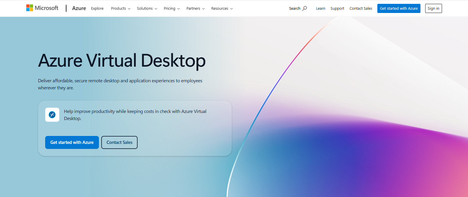 Microsoft Azure Virtual Desktop dashboard highlighting secure cloud-based virtual desktops, remote workforce access, and scalable Desktop as a Service infrastructure.