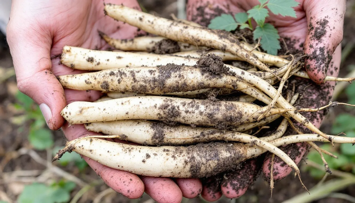 The image depicts hands harvesting fresh burdock roots from the soil, showcasing the long taproots being gently pulled from the earth. This process highlights the natural origins of burdock, an essential herb often used in herbal medicine and burdock root tincture for its numerous health benefits.