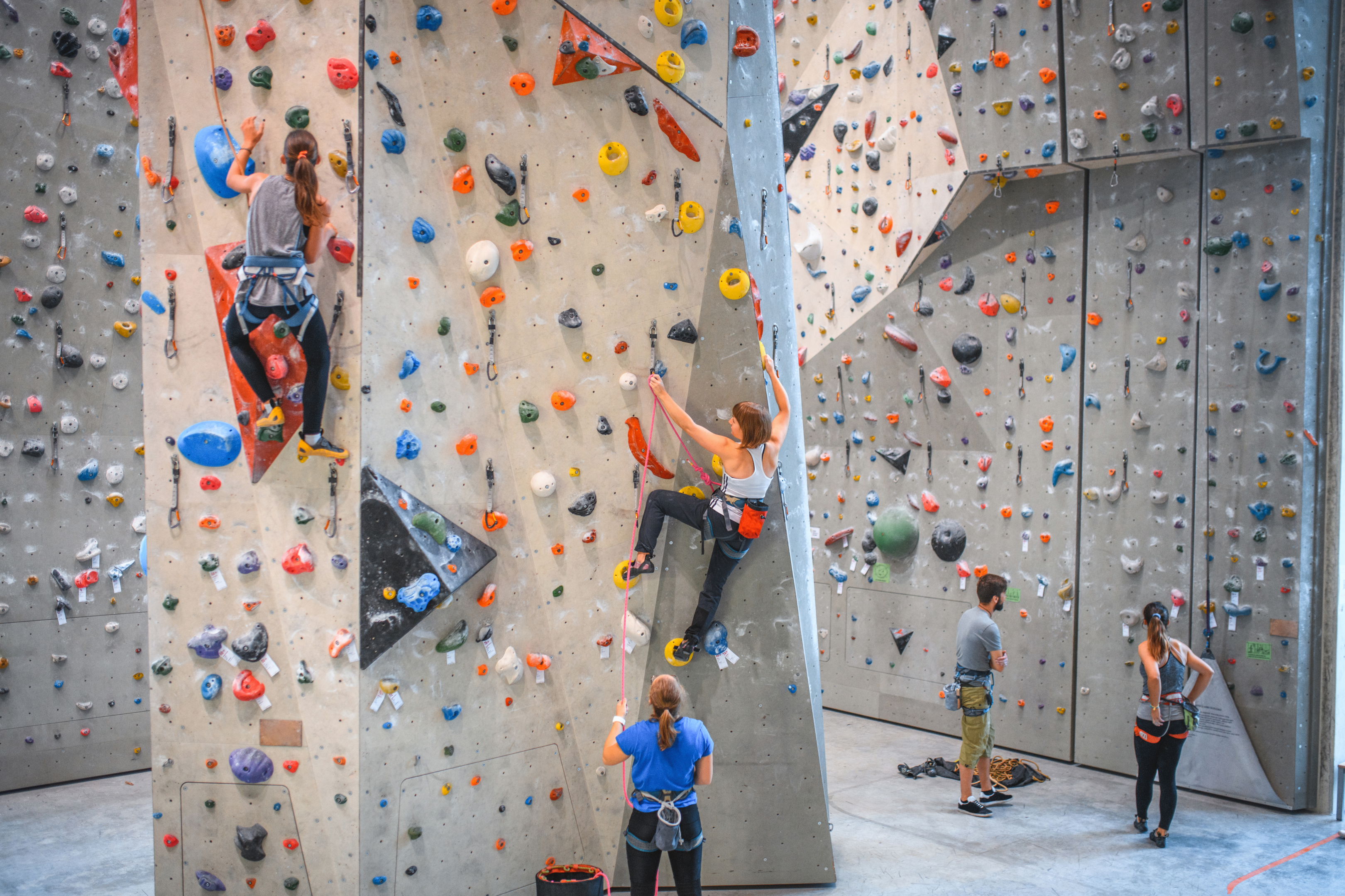 Climbers ascending a rock climbing wall