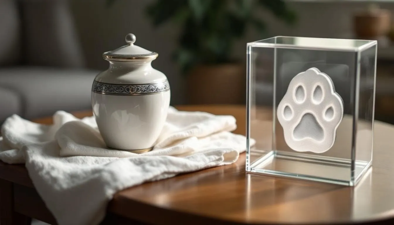 A serene arrangement of memorial items includes a paw print impression and a small urn, symbolizing the cherished memories of a beloved pet. This peaceful display reflects the deep bond between pet parents and their deceased companions, offering comfort during the grieving process.