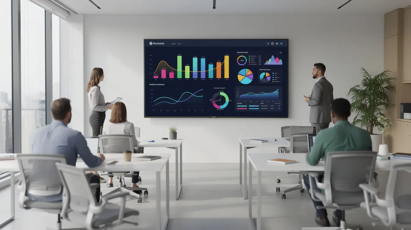 The image shows a modern office environment featuring a large screen that displays colorful data visualizations, showcasing key metrics and insights. This setup highlights the use of advanced reporting tools for data integration and analysis, allowing users to create interactive reports and make data-driven decisions.