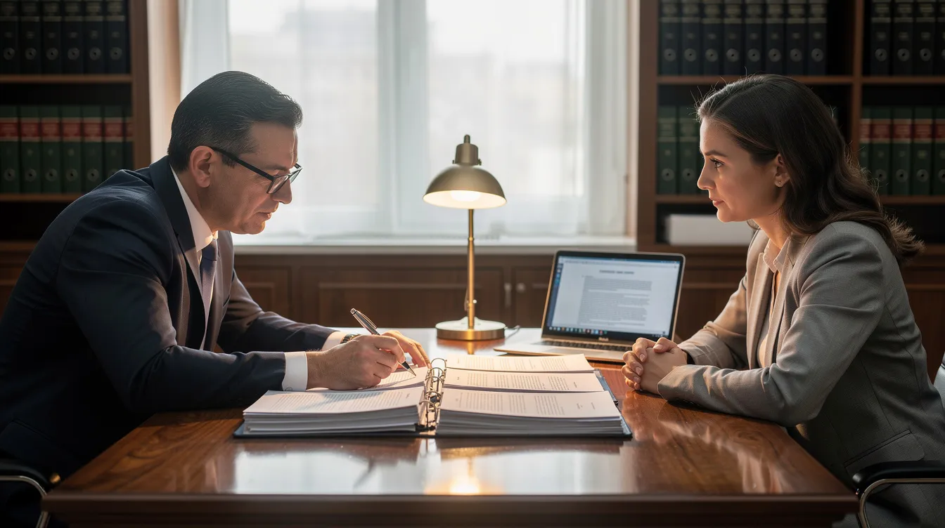 An attorney is seated at a desk, attentively reviewing documents with a client, who appears to be discussing their lupus disability claim. The atmosphere suggests a focus on the medical evidence and implications of autoimmune diseases for social security disability benefits.