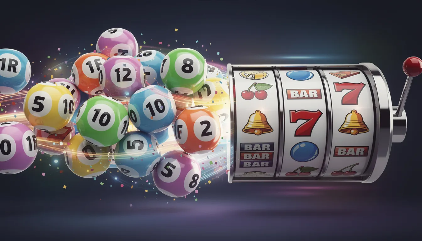 En färgglad sammansättning av bingobollar och spelmaskinsrullar skapar en kreativ design som fångar essensen av online casino-spel. Denna bild representerar spänningen hos Yako Casino, där spelare kan njuta av ett brett spelutbud med möjligheter att vinna riktiga pengar.