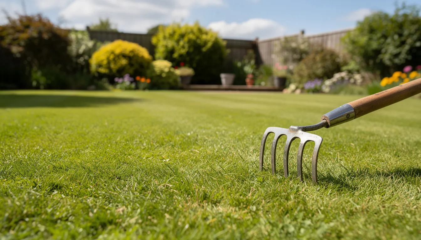 A vibrant and well-maintained UK family lawn is basking in the summer sunshine, showcasing lush green grass and healthy growth. Nearby, a garden fork rests on the ground, suggesting ongoing lawn care and maintenance activities.