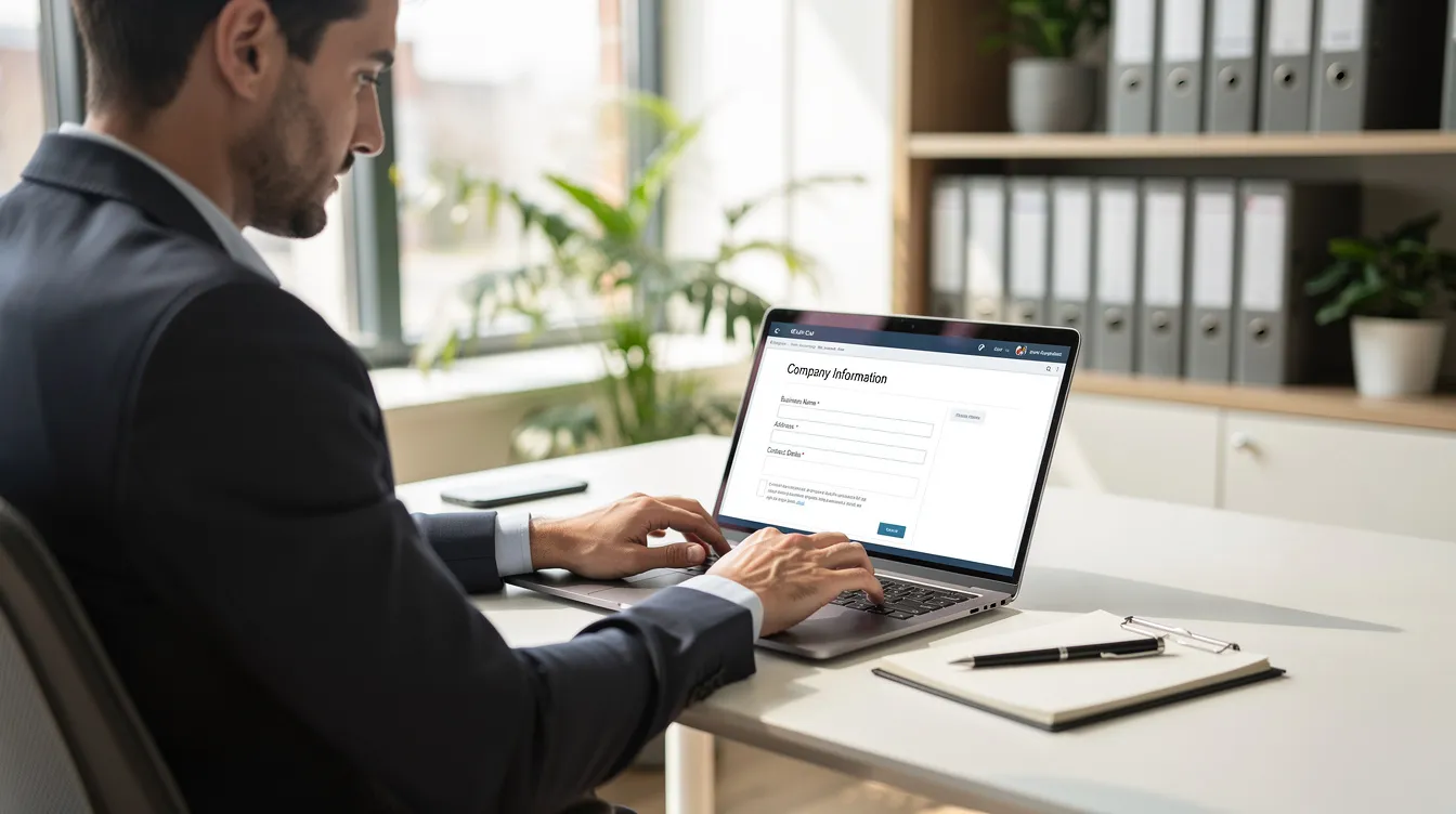 A business owner is focused on updating their company information on a laptop in a bright office, emphasizing the importance of search engine optimization and local SEO strategies to enhance online visibility and attract more local customers. The setting reflects a modern workspace that supports digital marketing efforts for local businesses.