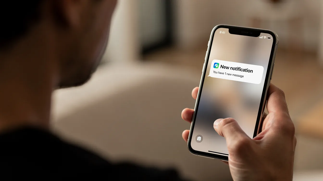 A person is intently looking at their phone screen, which displays a notification alert regarding their visa status. This image suggests they might be checking their UK visa status or tracking their application documents.