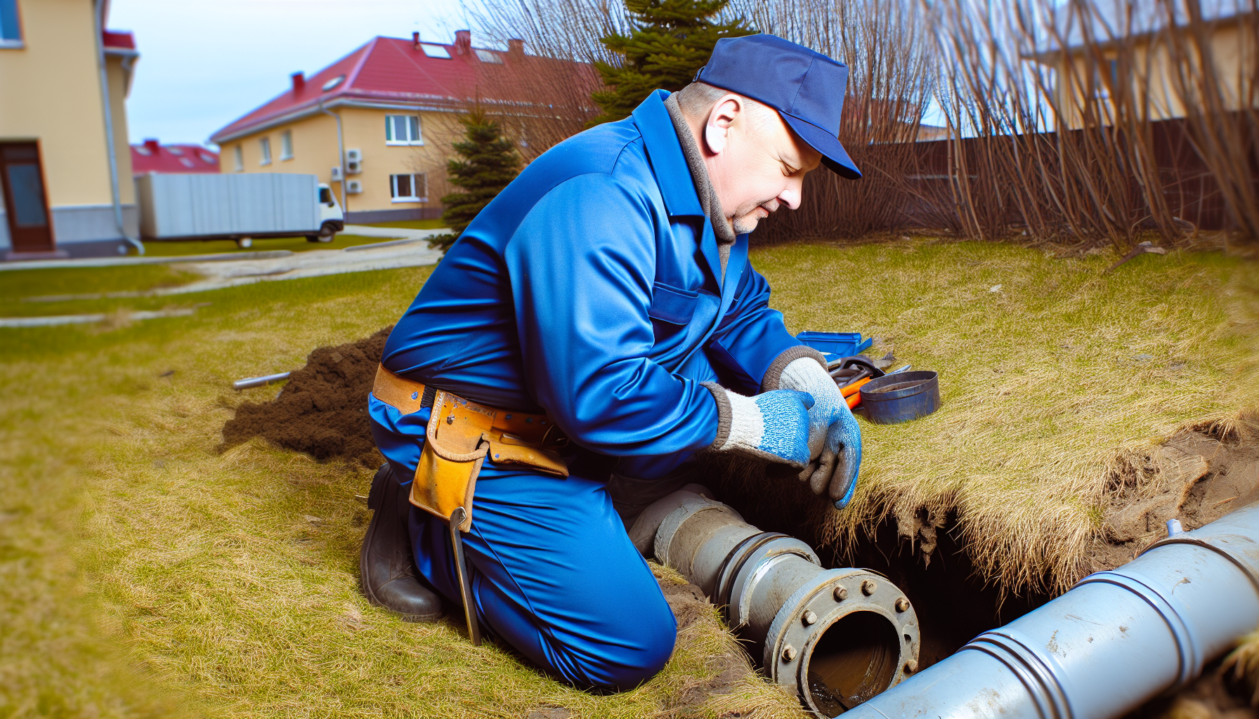 Professional plumber repairing a sewer pipe