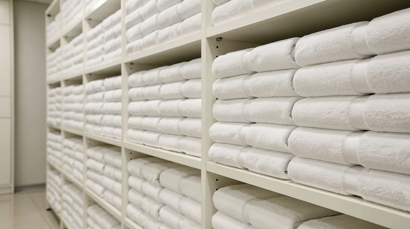 The image shows rows of folded white hotel towels stacked neatly on shelves, showcasing the cleanliness and organization typical in hotel laundry. These towels, often washed with commercial laundry detergents, highlight the superior cleaning power necessary for maintaining high standards in the hotel business.