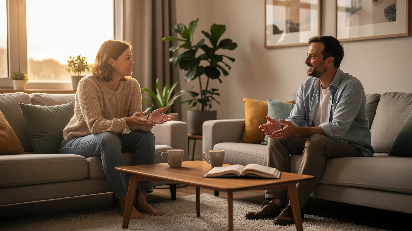 The image depicts two adults engaged in a calm conversation in a cozy living room, creating a warm atmosphere for discussion. This scene could symbolize the importance of open dialogue in education programs, such as those focused on drug abuse prevention and resisting peer pressure.