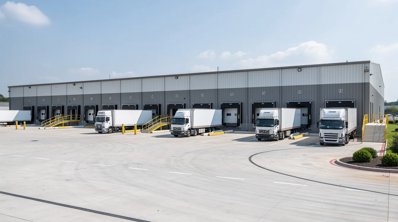 ebf454b8 13e5 42a2 b07c 71675136ce70 The image depicts a large industrial warehouse building featuring multiple loading docks and delivery trucks parked in an open yard, indicative of a busy sattu manufacturing business. This setup is essential for the food processing industries, facilitating the production and packaging of fine sattu powder made from roasted chana and other grains.