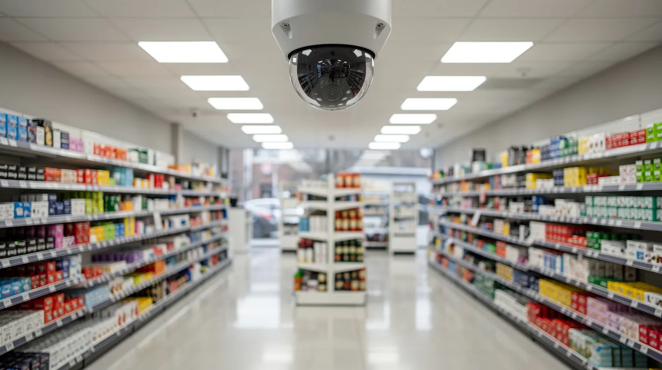 The image depicts the interior of a well-lit retail store featuring neatly organised aisles of merchandise, with a visible ceiling-mounted security camera ensuring effective loss prevention strategies. This setup highlights the importance of visible security measures in retail operations to deter theft and maintain a safe environment for both customers and staff members.