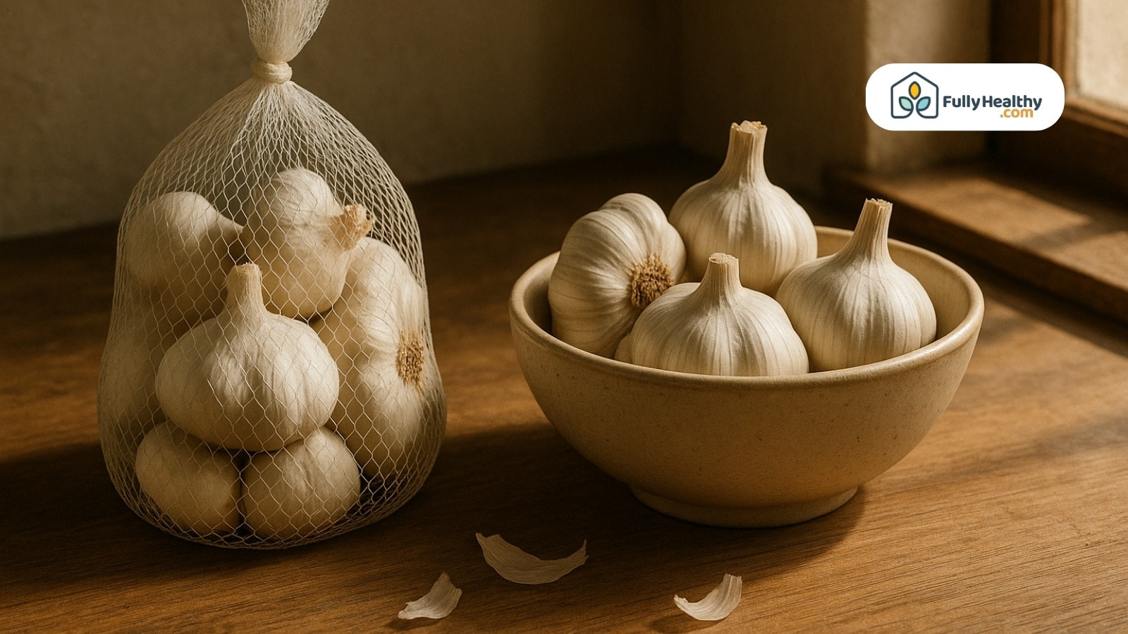 Garlic bulbs in bowl and mesh bag on wooden kitchen surface