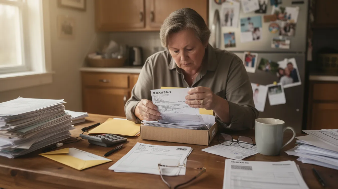 The image shows a person sitting at a kitchen table, carefully organizing medical bills and documents in a folder, highlighting the importance of managing medical expenses and records related to potential medical malpractice claims. This scene reflects the need for individuals to keep track of their medical care and expenses, especially when considering legal action against healthcare providers in New Mexico.
