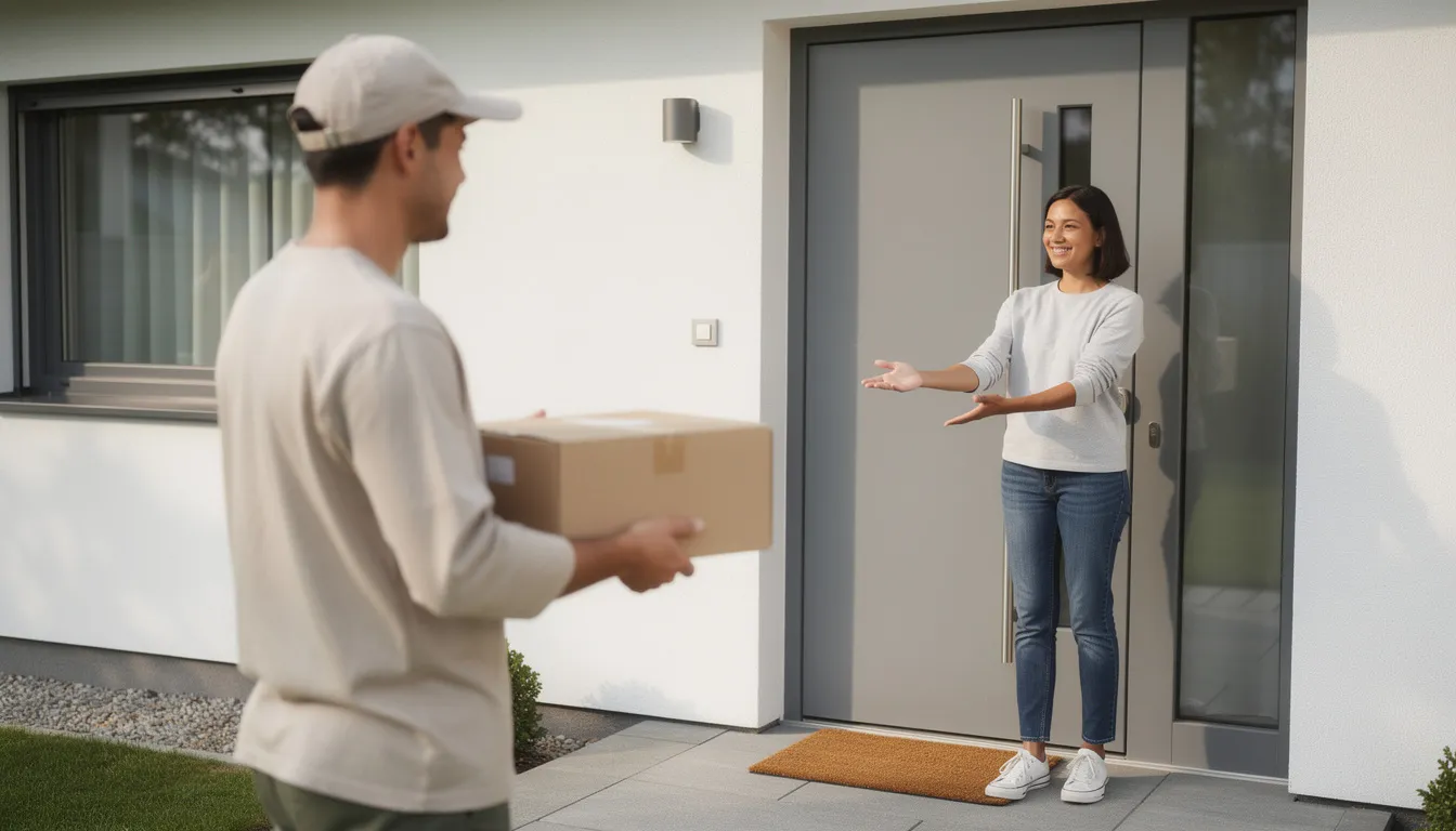 Ein Kurier übergibt ein neutrales braunes Paket an eine Person an der Haustür. Das Paket könnte Produkte wie CBD Blüten oder andere Cannabisartikel enthalten, die für die Gesundheit und das Wohlbefinden der Kunden wichtig sind.