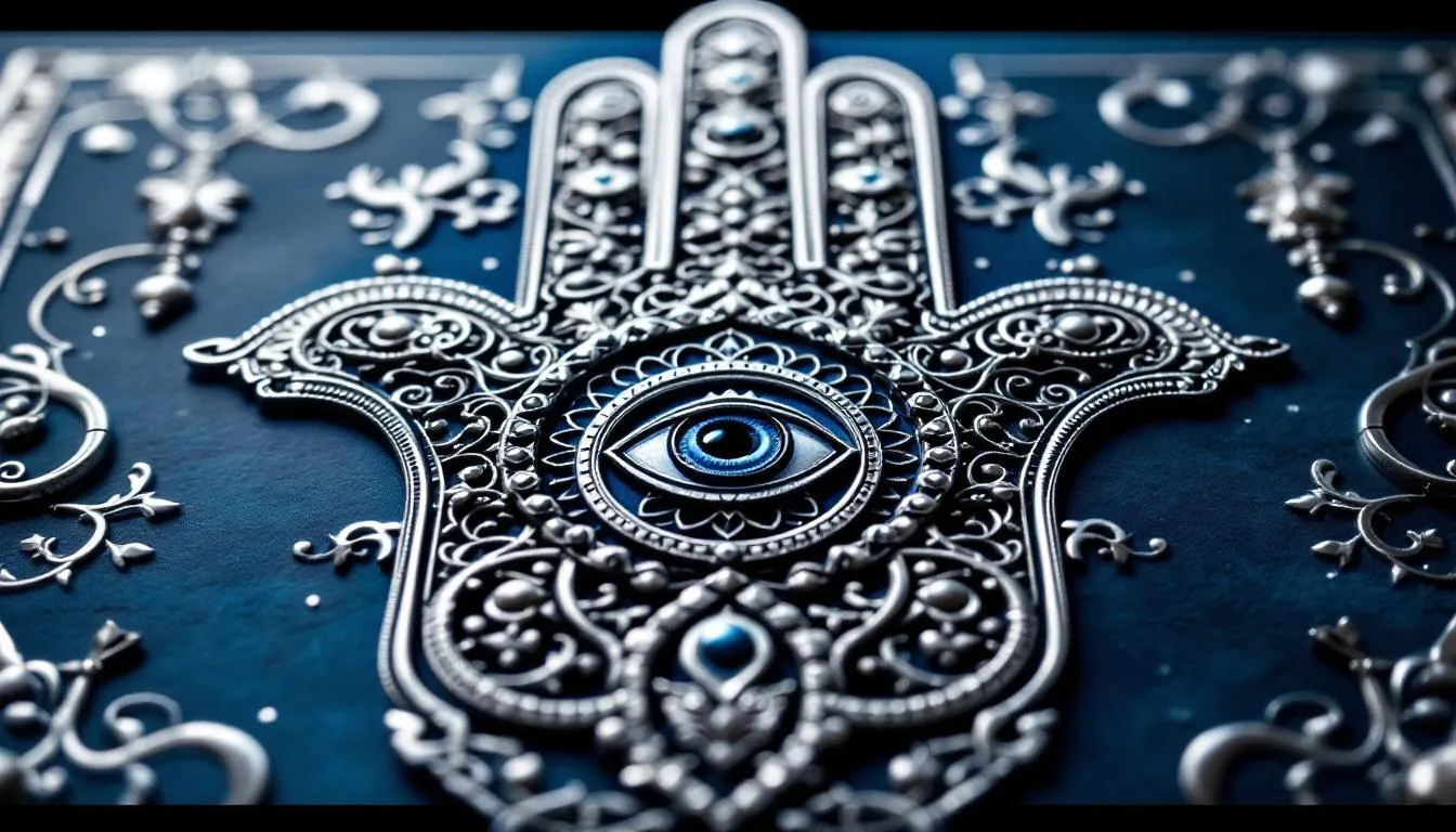 The image features a beautifully designed hamsa hand symbol, known for its protective qualities against the evil eye and negative energies. This sacred symbol, often seen in jewelry such as bracelets and necklaces, represents good fortune and positive energy across various cultures, including Jewish and Islamic traditions.