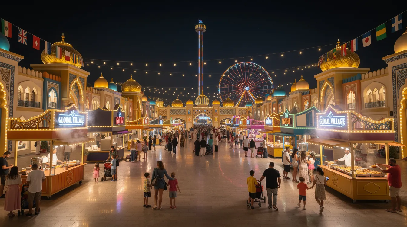 A imagem apresenta o Global Village em Dubai, um complexo de entretenimento que reúne diferentes culturas, com pavilhões representando vários países, incluindo o Brasil. O local é uma atração popular nos Emirados Árabes Unidos, oferecendo uma combinação de comércio, alimentação e apresentações culturais.