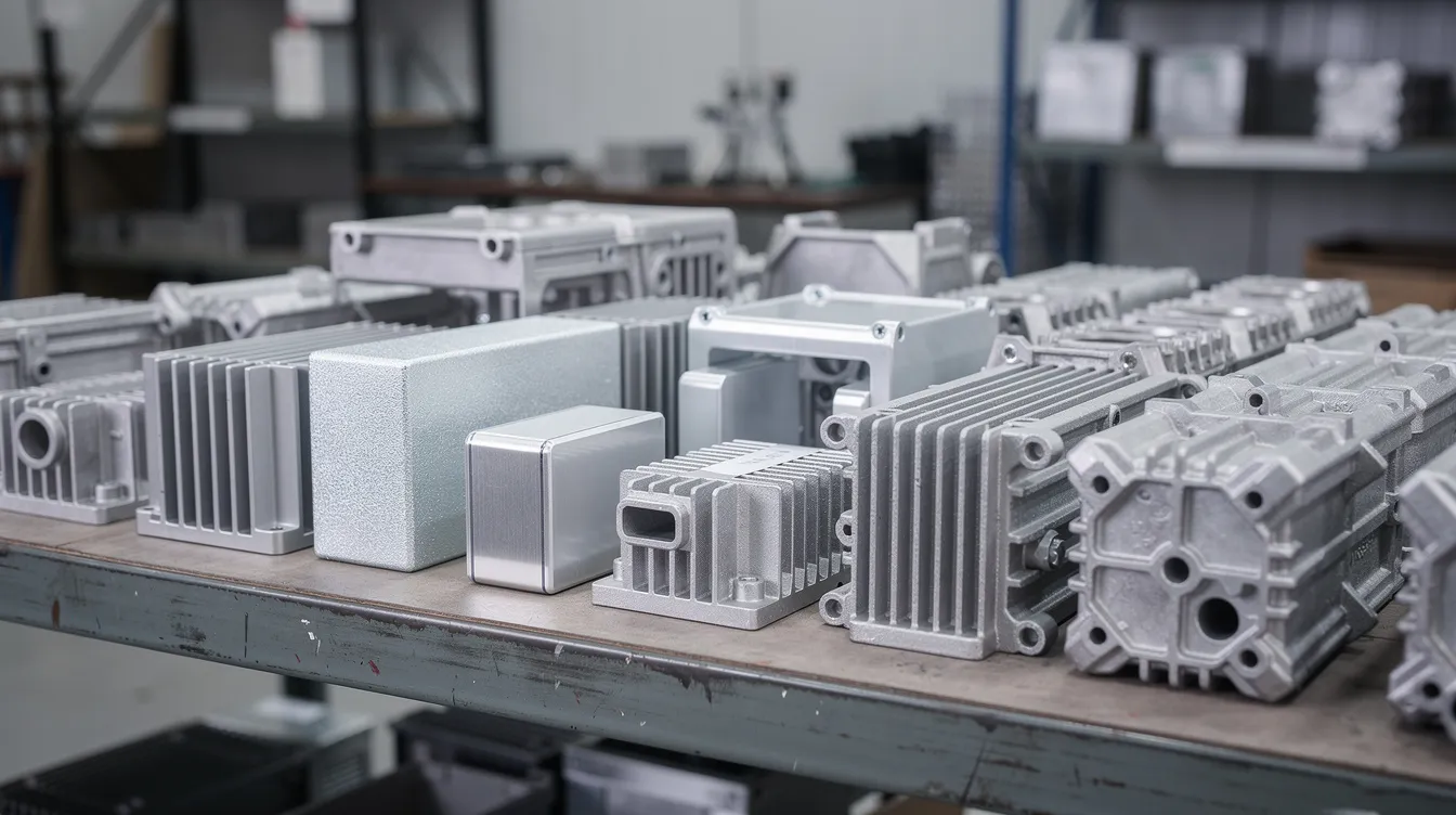 The image depicts an array of finished aluminum die cast heat sinks and housings, showcasing various surface finishes, neatly arranged on a factory shelf. This display highlights the precision and quality of aluminum die casting parts, emphasizing the advanced technology and surface treatment used in the die casting process.