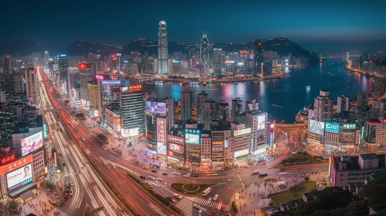 The image showcases the vibrant Hong Kong cityscape at night, featuring illuminated commercial buildings that tower over busy streets filled with people and vehicles. The dazzling lights reflect the city's dynamic energy and financial activities, reminiscent of the bustling atmosphere surrounding private loan services and financial companies.