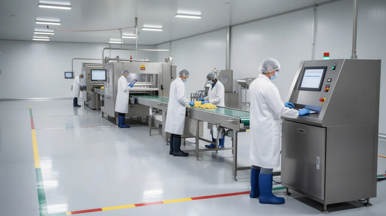 The image depicts a clean and organized food processing plant interior where workers are efficiently operating machinery involved in the production of flattened rice, also known as poha. This setting highlights the importance of product quality and compliance in the poha manufacturing business, showcasing a modern environment dedicated to processing raw materials into nutritious breakfast options.