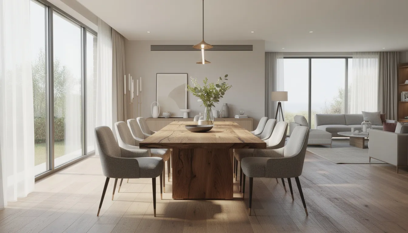 Een luxe eetkamer met stijlvolle stoelen rondom een massief houten eettafel, in een lichte en moderne ruimte. De comfortabele eetkamerstoelen zijn perfect voor een gezellige eetruimte en passen mooi bij de frisse uitstraling van het interieur.