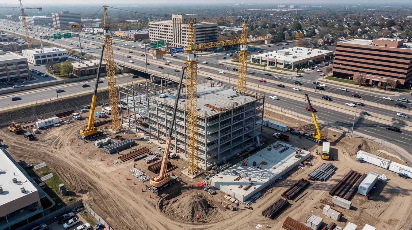 An aerial view captures a bustling commercial construction site featuring cranes and steel framing, situated near an interstate highway in a mid-sized city. This scene highlights the complexities of construction projects, where managing risks and ensuring compliance with safety standards are critical for successful project completion.