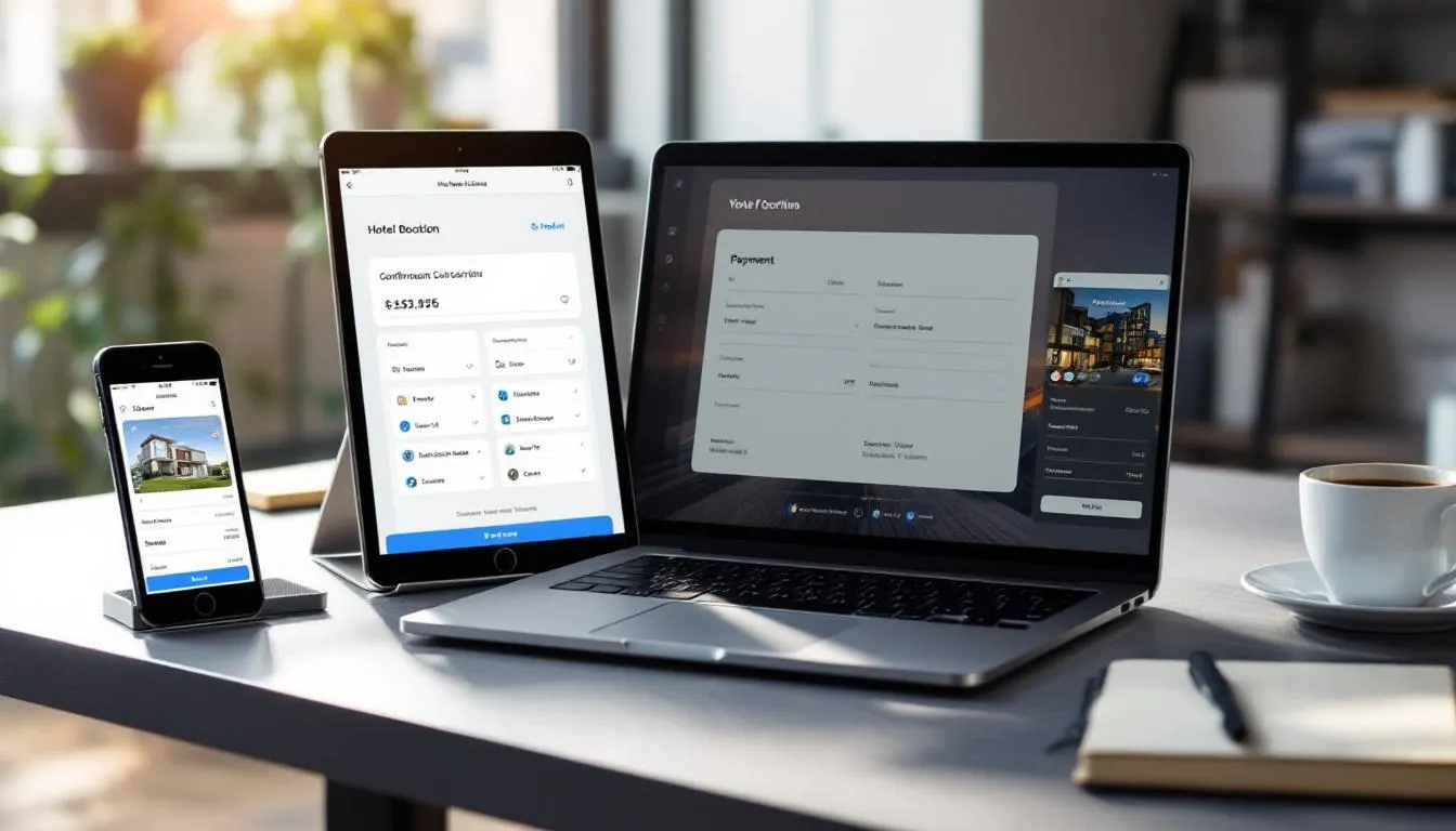 In the image, multiple devices such as laptops and tablets display synchronized hotel booking data, illustrating the efficiency of hotel reservation systems. This setup highlights the integration of a comprehensive hotel booking system that manages reservations and room inventory across various platforms, enhancing the guest experience in the hospitality industry.
