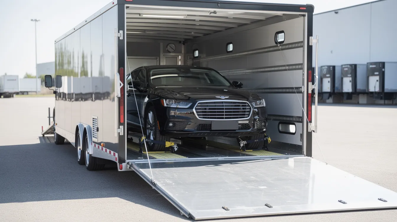 An enclosed auto transport trailer is shown with a luxury sedan securely positioned inside, highlighting the safe and reliable option for transporting high-value vehicles. This image represents the auto transport industry and emphasizes the importance of using trusted car shipping services for secure vehicle shipment.