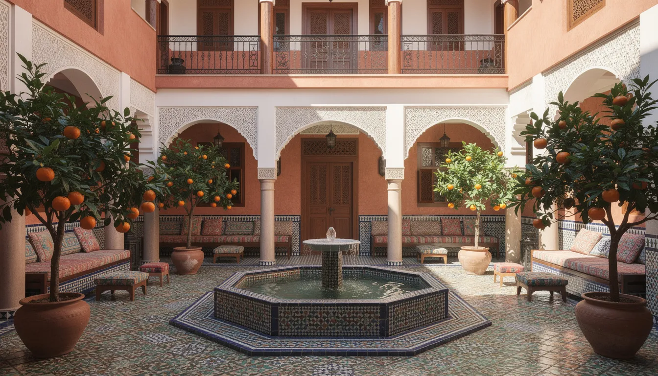 The image depicts a traditional Moroccan riad courtyard featuring intricate colorful tiles, a serene fountain, and lush orange trees, creating a vibrant and inviting atmosphere. This picturesque setting is a perfect example of the rich culture and architecture that travelers can experience when they visit Morocco.