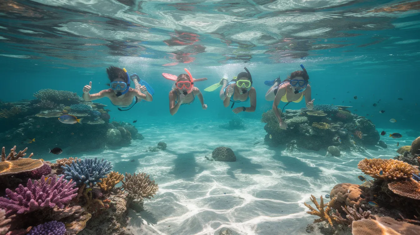 Pessoas praticando snorkel em águas cristalinas, com recifes de coral visíveis ao fundo, em um cenário paradisíaco de Curaçao. A imagem retrata a beleza das praias do Caribe, onde a vida marinha é abundante e as paisagens deslumbrantes criam uma experiência inesquecível.