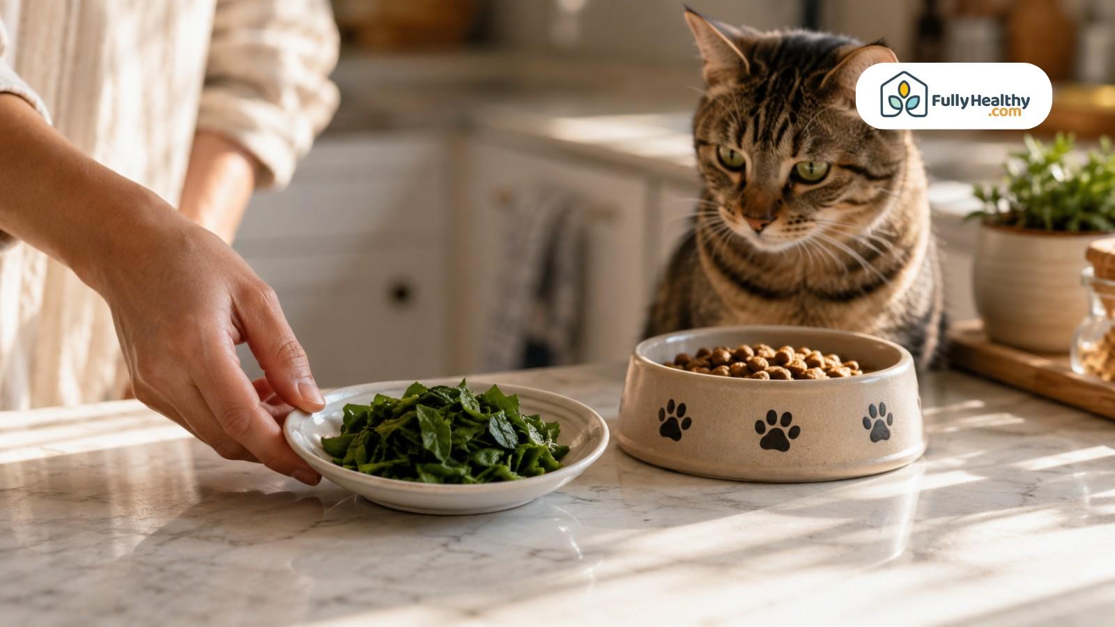 Small serving of chopped spinach placed beside cat food bowl
