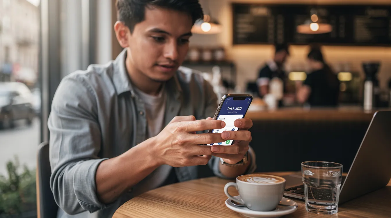 A person is sitting at a cafe, using a smartphone to access mobile banking services, likely managing their Vietnamese bank account or making international transfers. This scene reflects the growing trend of digital banking in Vietnam, where major banks offer convenient online banking options for customers.