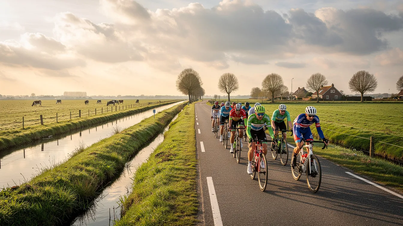 Een groep wielrenners fietst op een landelijke weg in het Groene Hart, omringd door groene velden en bomen. De sfeer is levendig en sportief, met een verwijzing naar de indrukwekkende carrière van Nederlandse wielrenners zoals Joop Zoetemelk, die bekendstaat als de tweede Nederlandse Tourwinnaar.